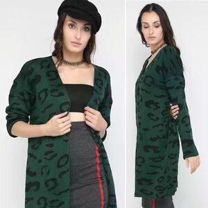 Vestidos Green Black Animal Printed Open Front Knit Longline Shrug XL
